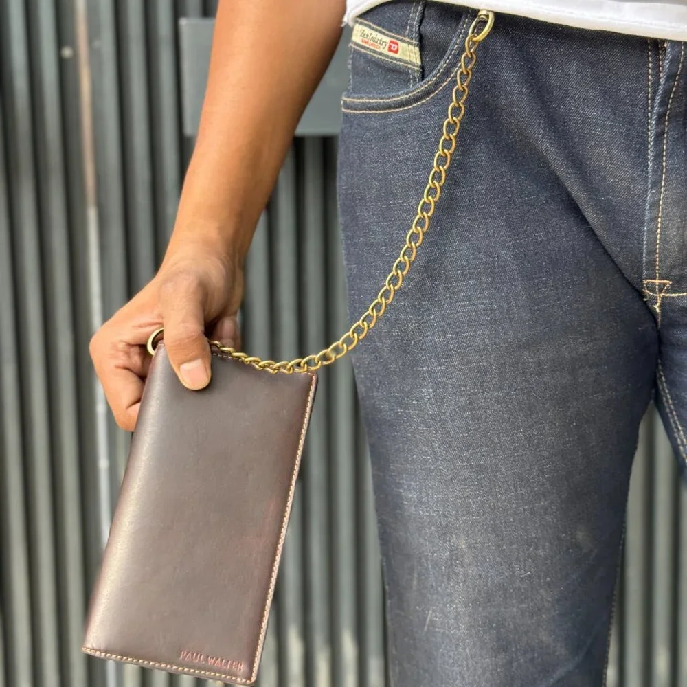 Leather Biker Chain Wallet – RFID Secure Trifold for Men
